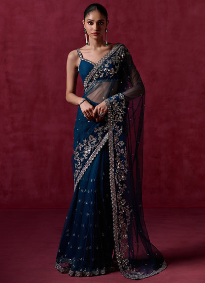 Teal Blue Embroidered Net Saree