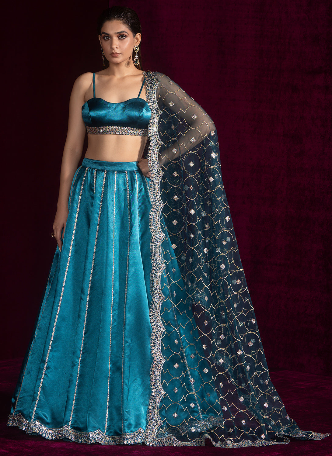 Teal Blue Embroidered Satin Lehenga