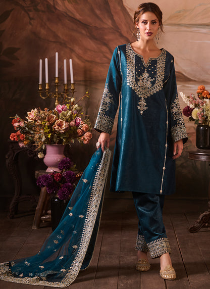 Teal Blue Embroidered Velvet Straight Suit