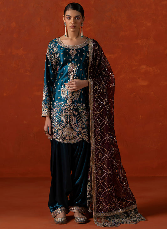 Teal Blue and Wine Embroidered Punjabi Suit