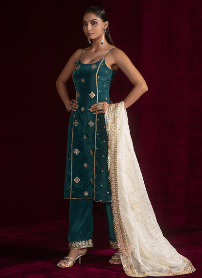 Teal Green Embroidered Crepe Palazzo Suit