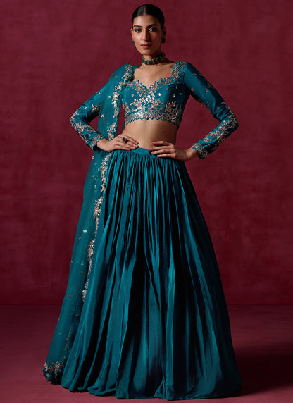 Teal Green Embroidered Crepe Silk Lehenga