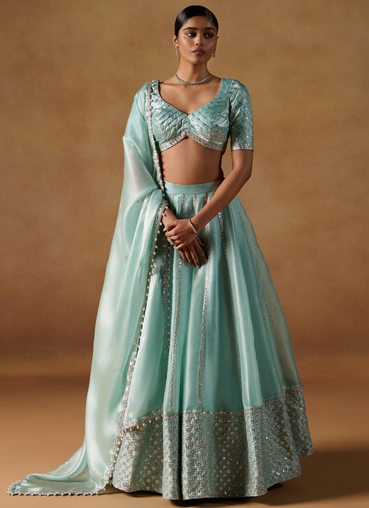 Turquoise Embroidered Tissue Lehenga