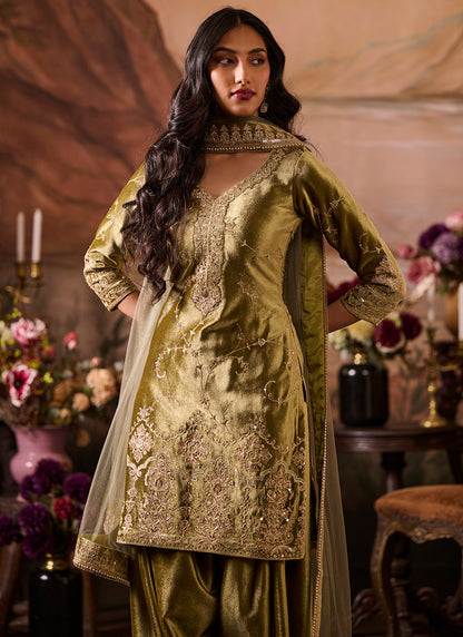 Mehendi Green Embroidered Velvet Punjabi Suit