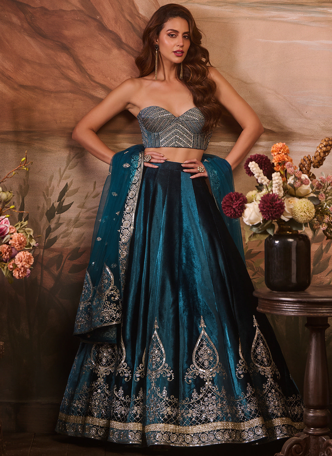 Blue Embroidered Velvet Corset Style Lehenga