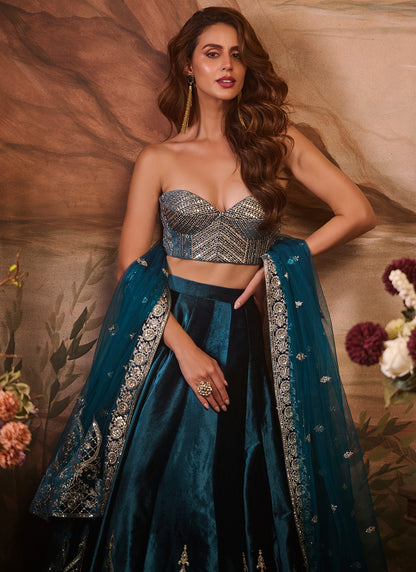 Blue Embroidered Velvet Corset Style Lehenga