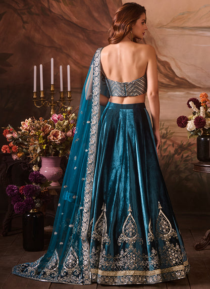 Blue Embroidered Velvet Corset Style Lehenga