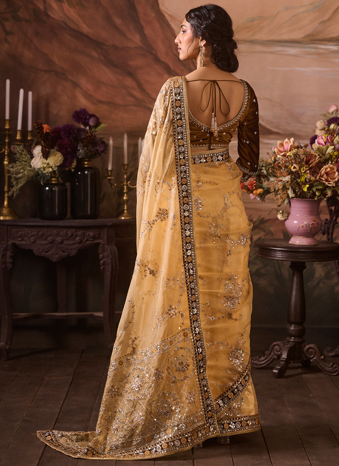 Dusty Yellow Embroidered Velvet Saree