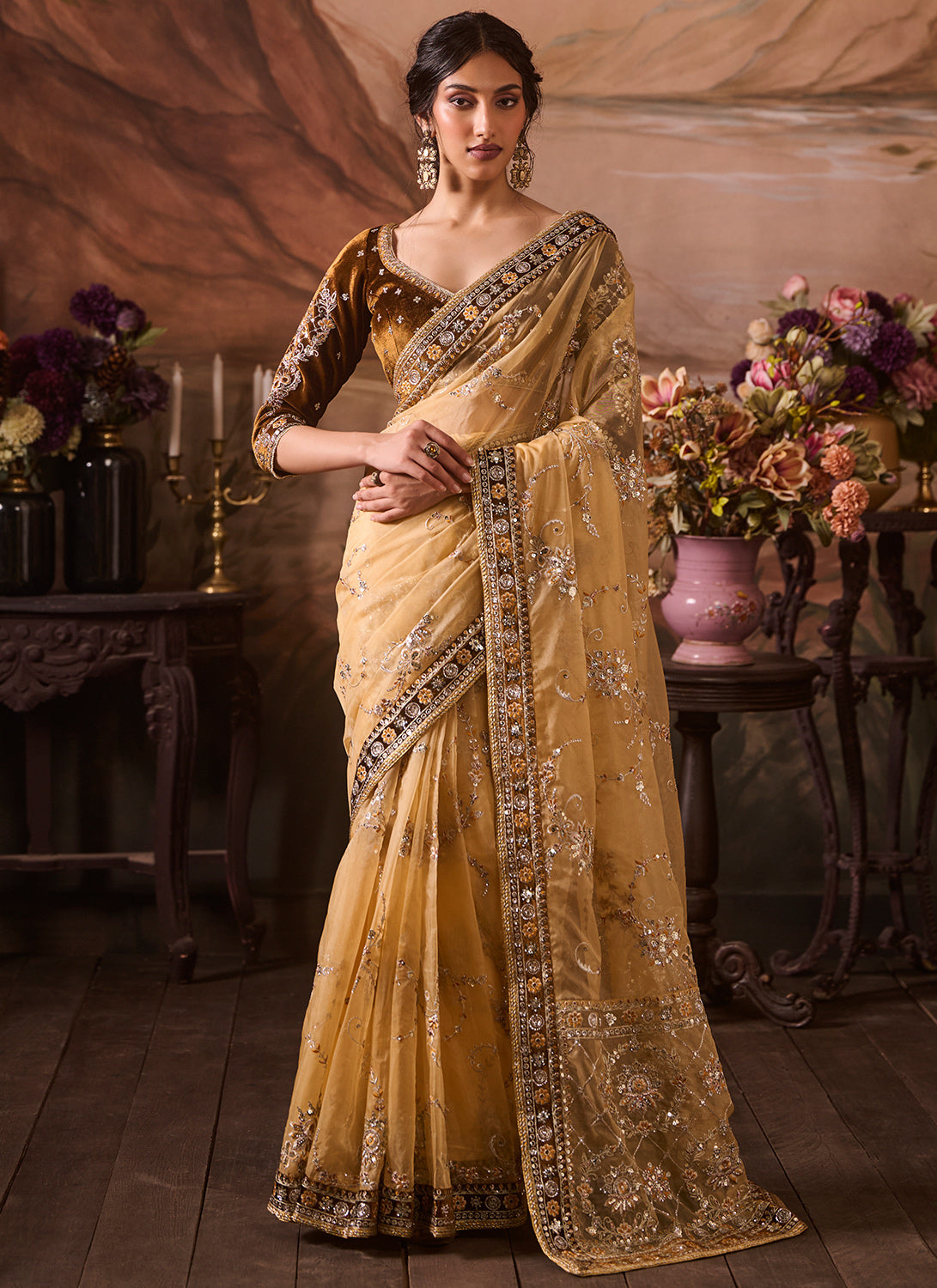 Dusty Yellow Embroidered Velvet Saree