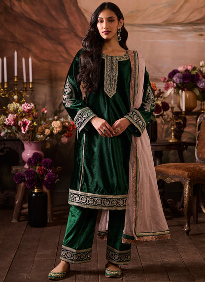 Green Embroidered Velvet Pant Suit