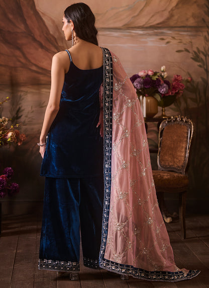 Deep Blue Embroidered Velvet Sharara