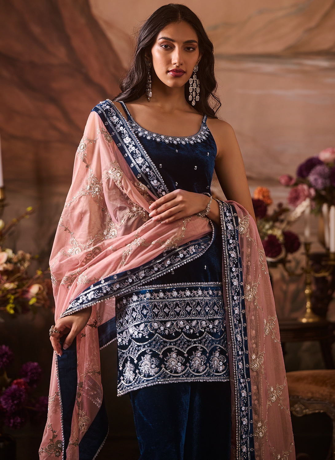 Deep Blue Embroidered Velvet Sharara