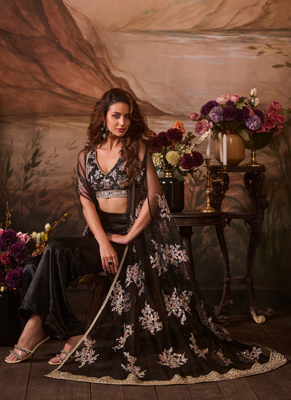 Black Embroidered Velvet Pant Set With Jacket