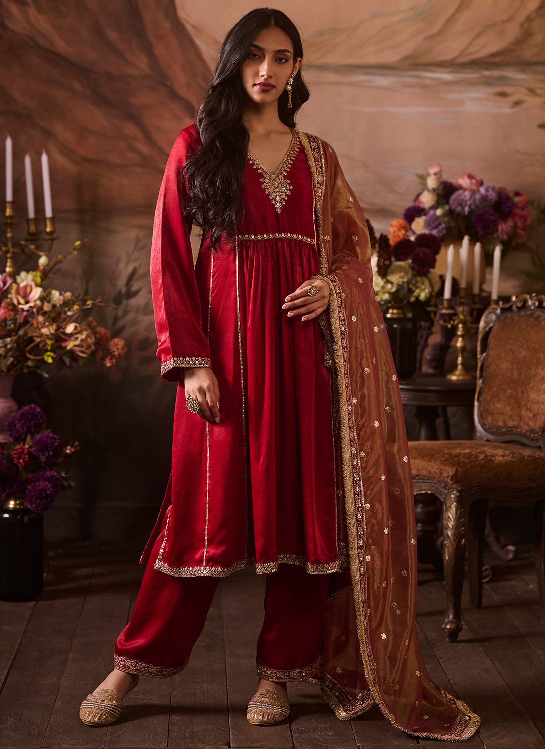 Red Embroidered Velvet Kurta Style Pant Suit