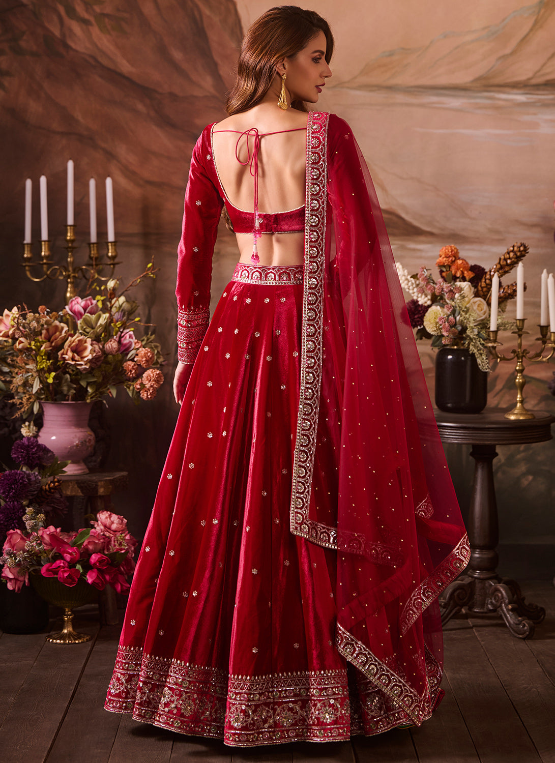 Hot Pink Embroidered Velvet Lehenga