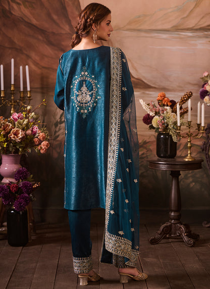 Teal Blue Embroidered Velvet Straight Suit