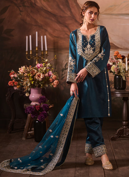 Teal Blue Embroidered Velvet Straight Suit