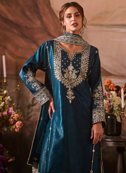 Teal Blue Embroidered Velvet Straight Suit