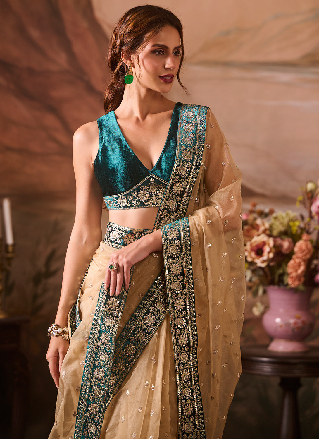 Beige and Blue Embroidered Velvet Saree