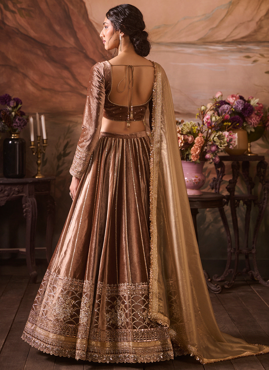 Taupe Embroidered Velvet Lehenga