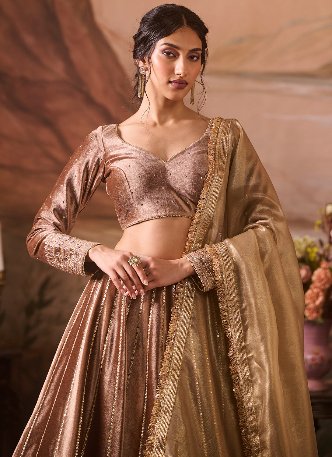 Taupe Embroidered Velvet Lehenga