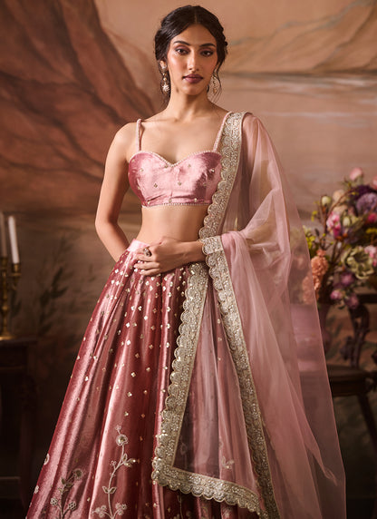 Light Pink Embroidered Velvet Lehenga