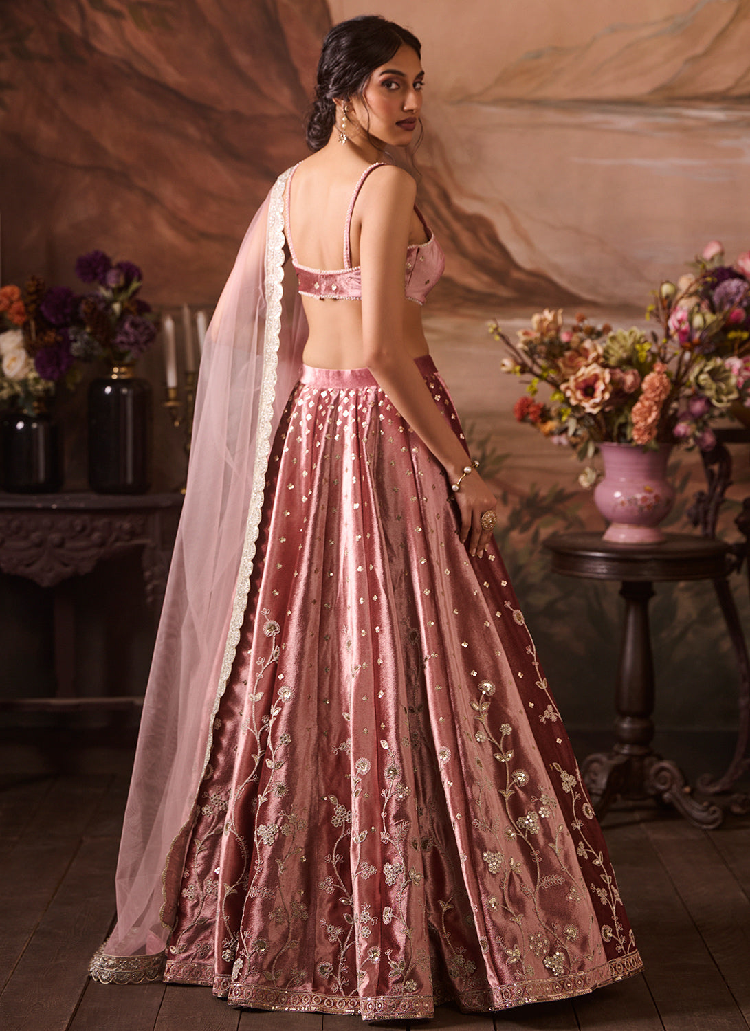 Light Pink Embroidered Velvet Lehenga