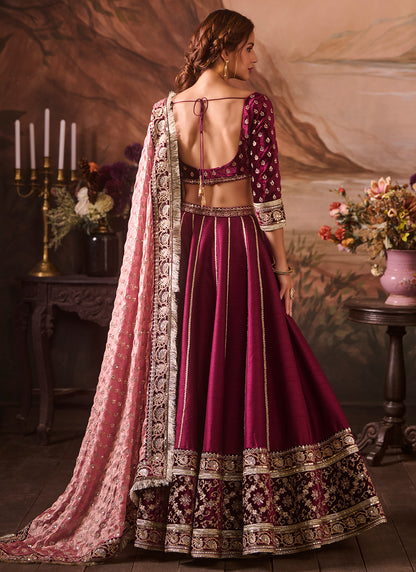 Dark Burgundy Embroidered Velvet Lehenga