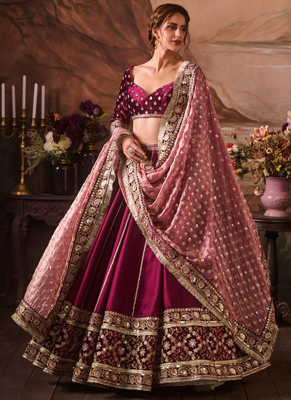 Dark Burgundy Embroidered Velvet Lehenga