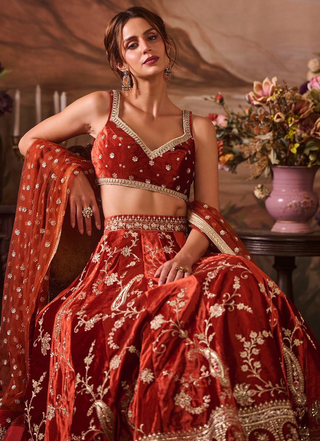 Rust Embroidered Velvet Lehenga