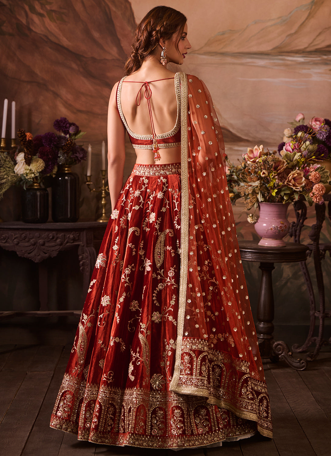 Rust Embroidered Velvet Lehenga