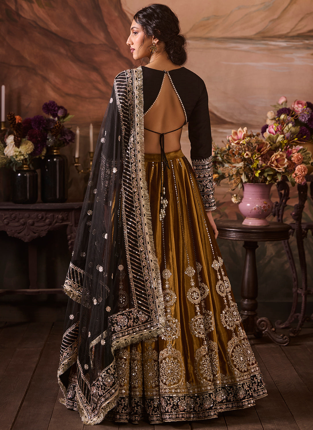 Black and Mustard Embroidered Velvet Lehenga