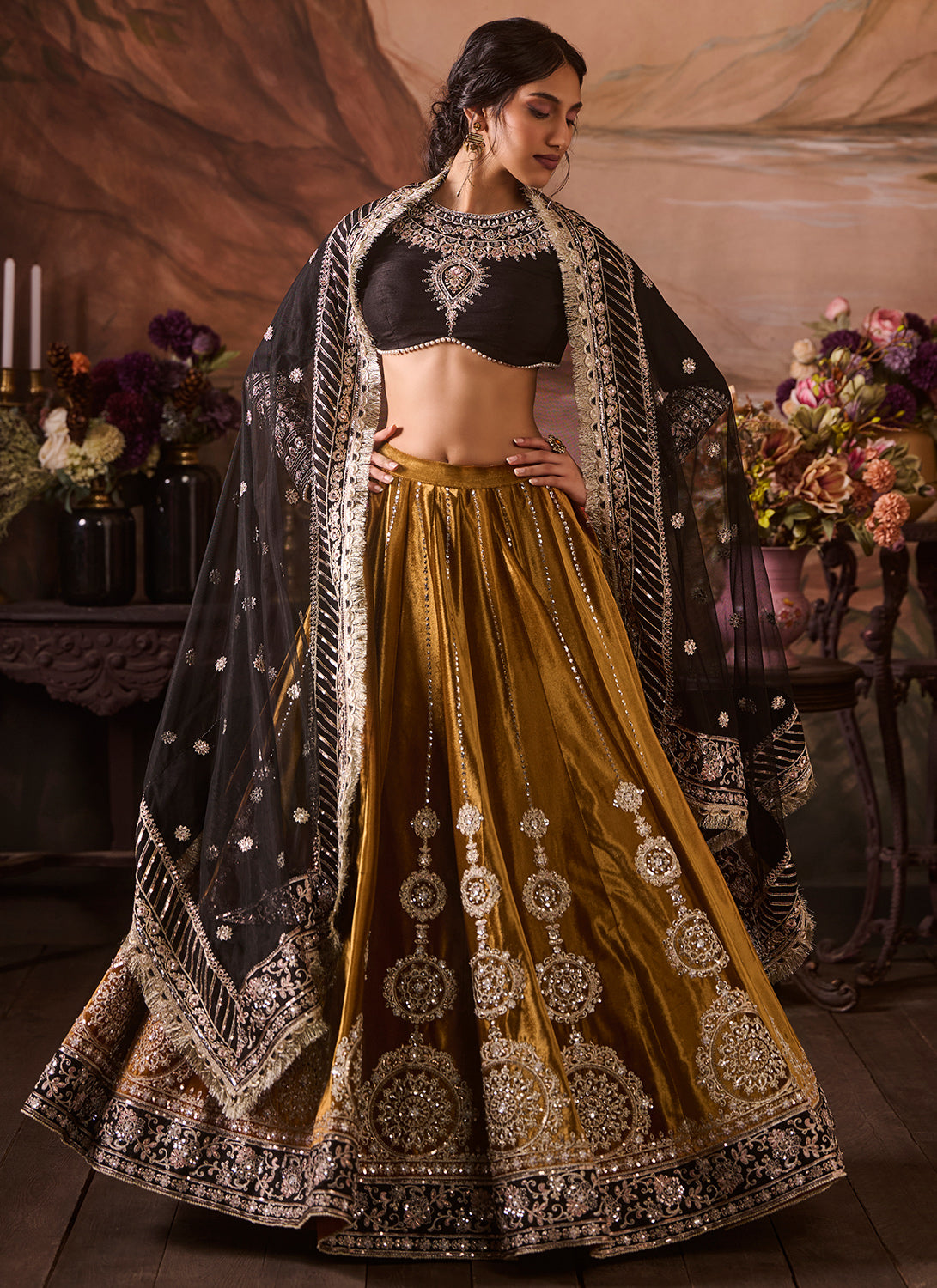 Black and Mustard Embroidered Velvet Lehenga