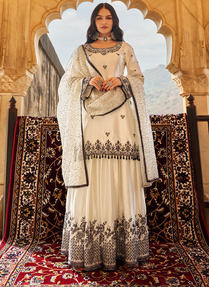 White and Black Embroidered Satin Sharara