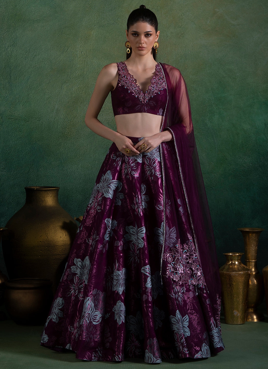 Wine Embroidered Brocade Lehenga