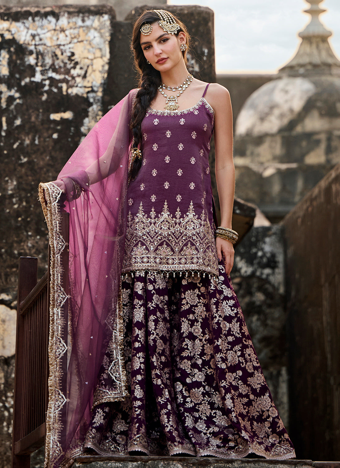 Wine Embroidered Brocade Sharara Suit