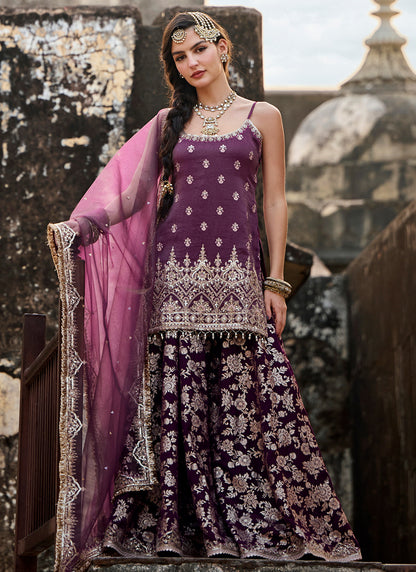 Wine Embroidered Brocade Sharara Suit