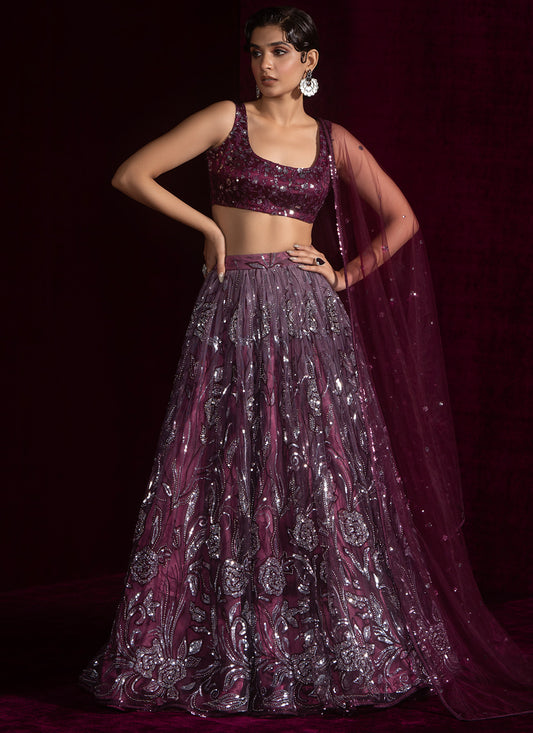 Wine Embroidered Net Lehenga