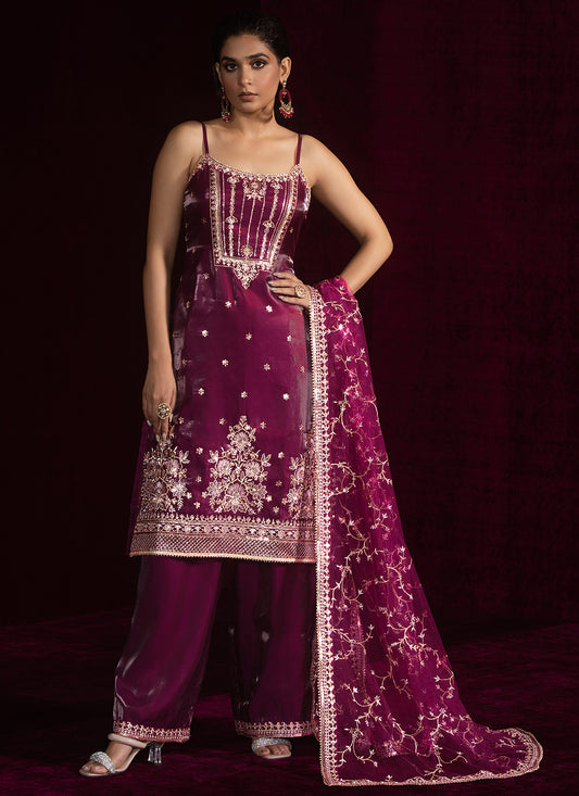 Wine Embroidered Palazzo Suit