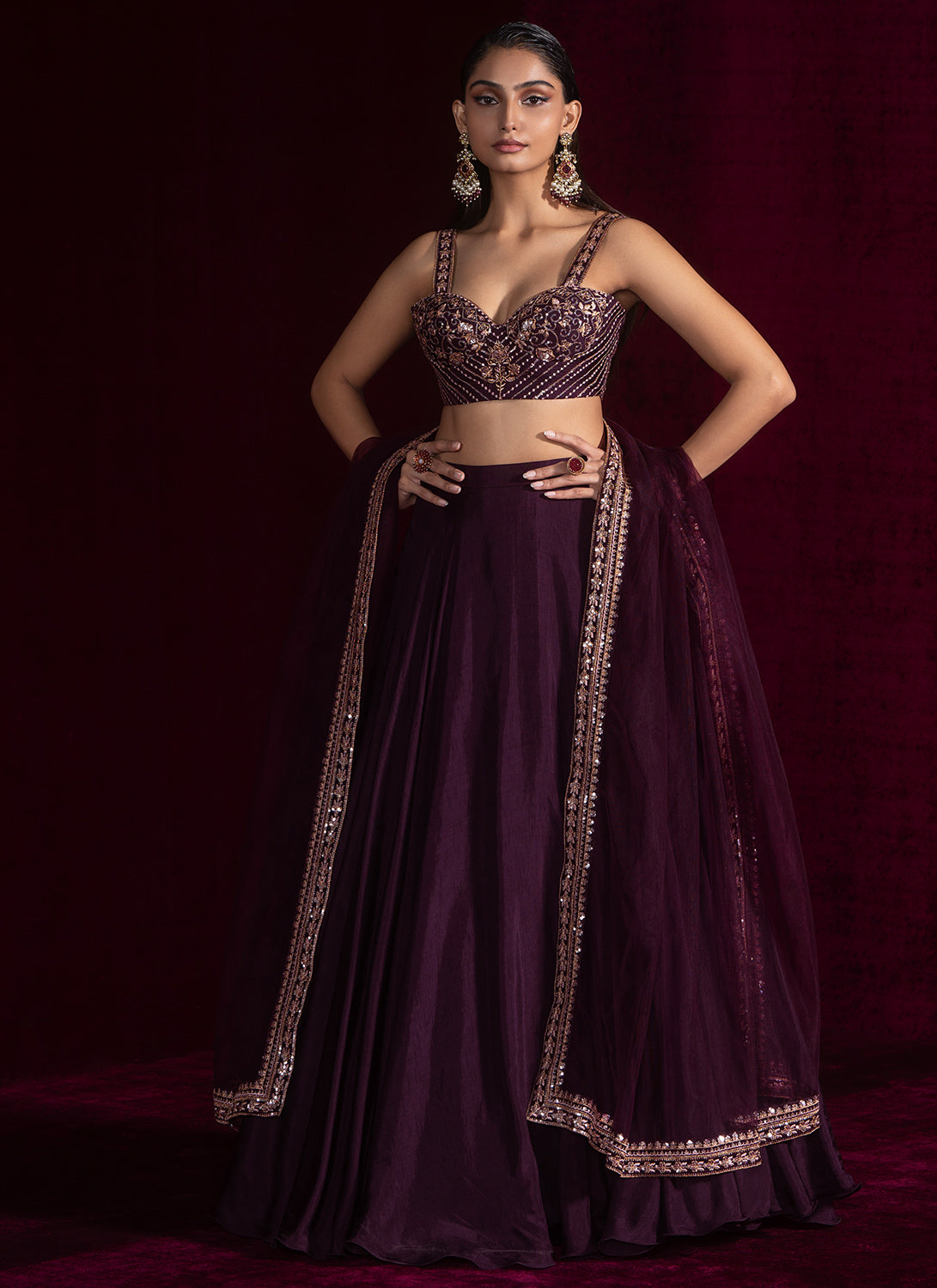 Wine Embroidered Viscose Silk Lehenga