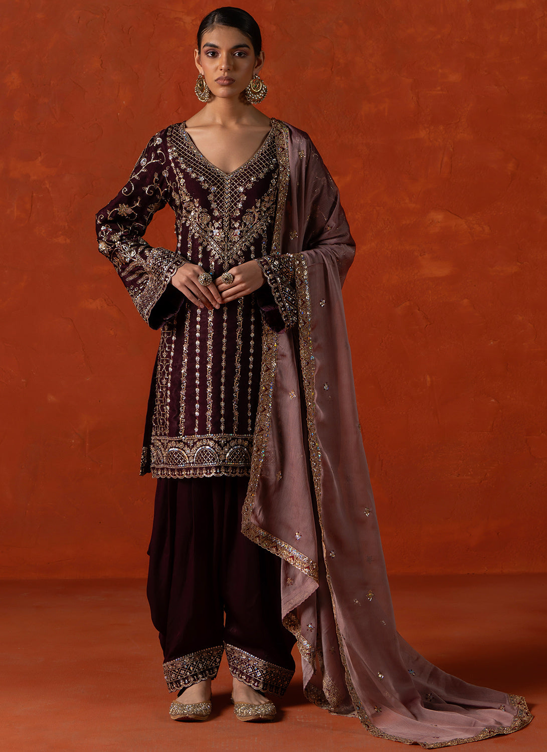 Wine and Mauve Embroidered Punjabi Suit