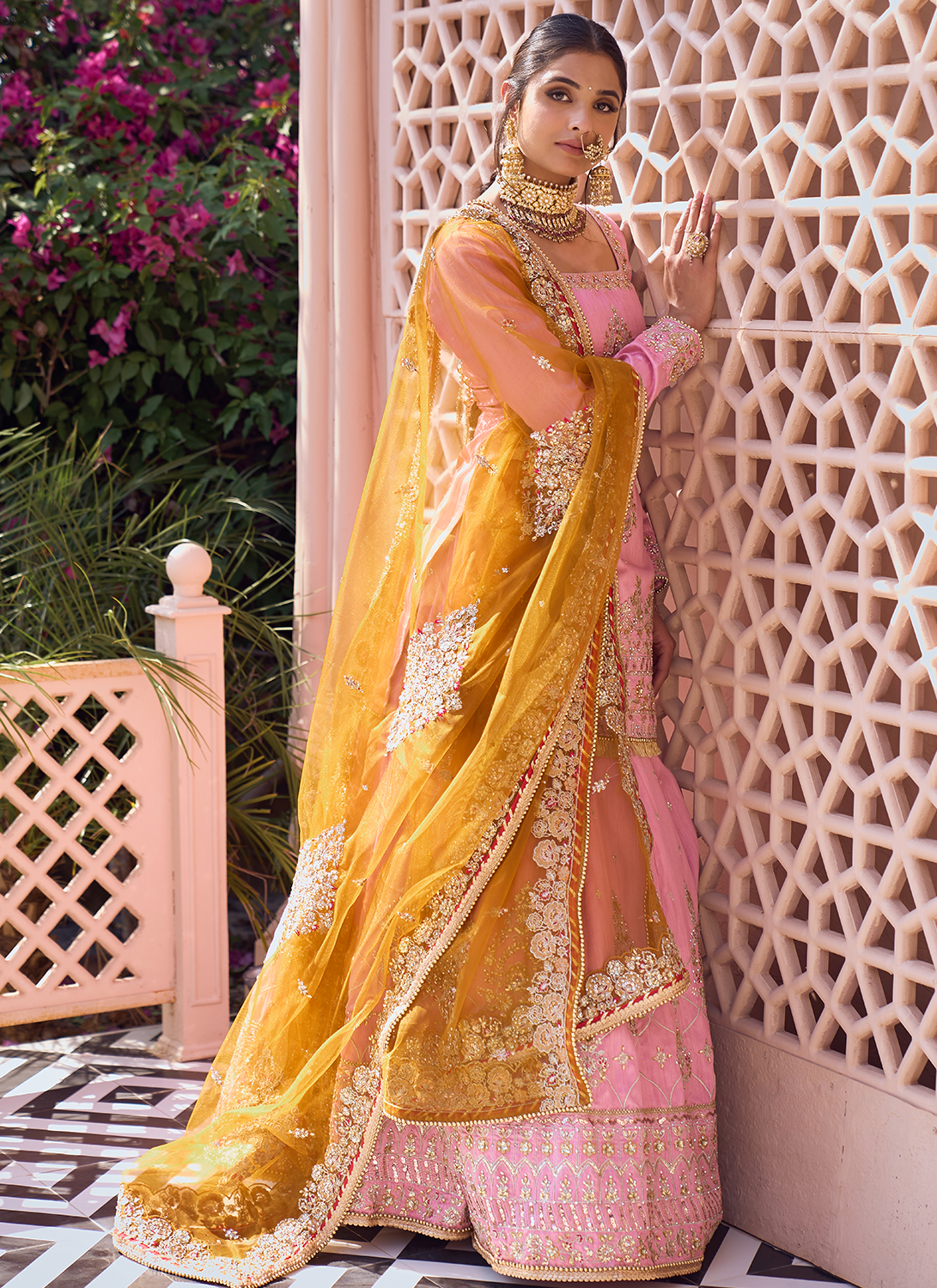 Pink and Mustard Embroidered Lehenga – Lashkaraa