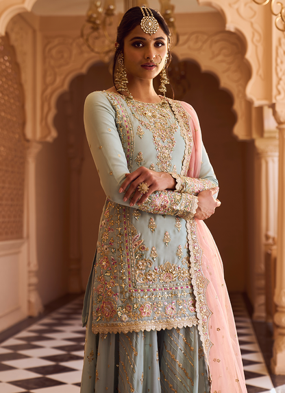 Dusty Mint and Pink Embroidered Sharara