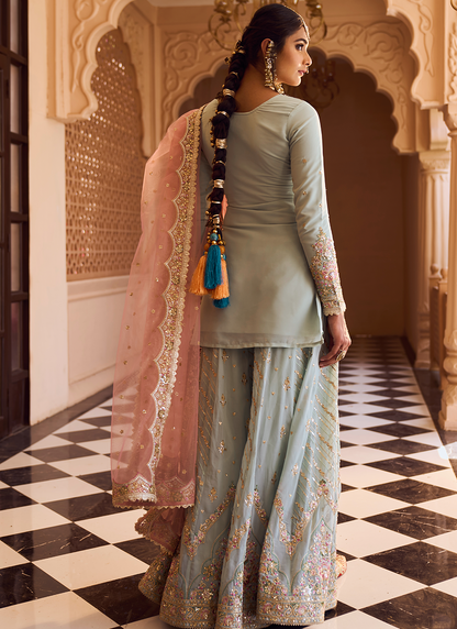 Dusty Mint and Pink Embroidered Sharara