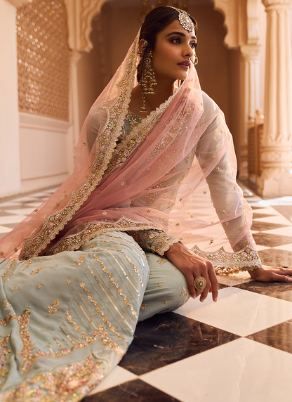 Dusty Mint and Pink Embroidered Sharara