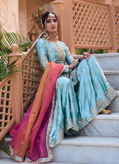 Dusty Mint Embroidered Gharara Suit