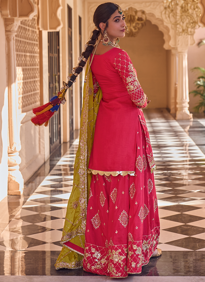 Hot Pink and Mustard Embroidered Sharara