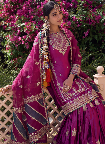 Deep Wine Embroidered Gharara Suit