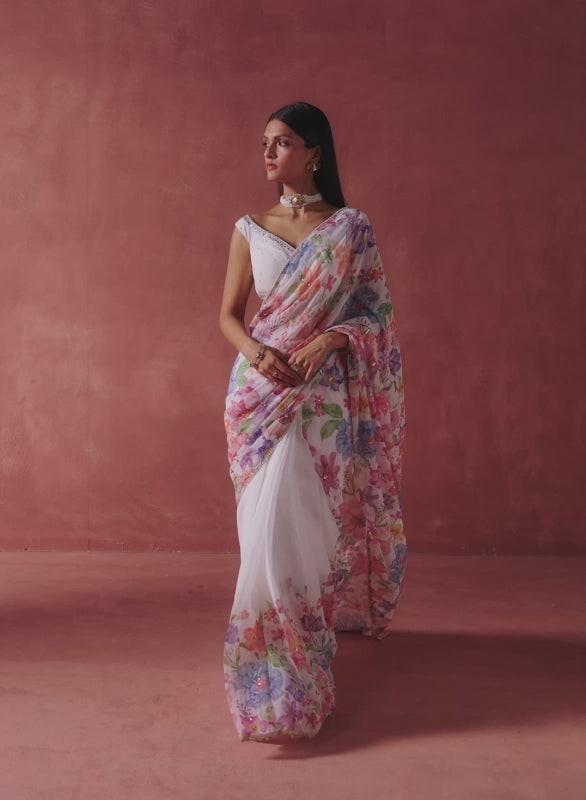 White Multicolor Floral Printed Georgette Saree – Lashkaraa