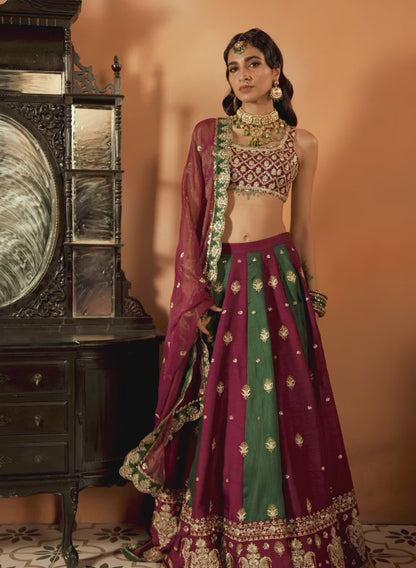 Wine and Green Embroidered Lehenga